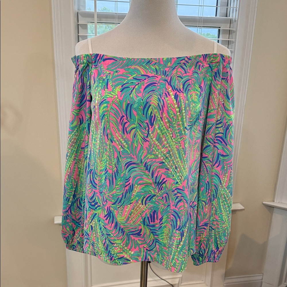 Lilly Pulitzer Off-Shoulder Top in Pink, Green & Blue Tropical Print